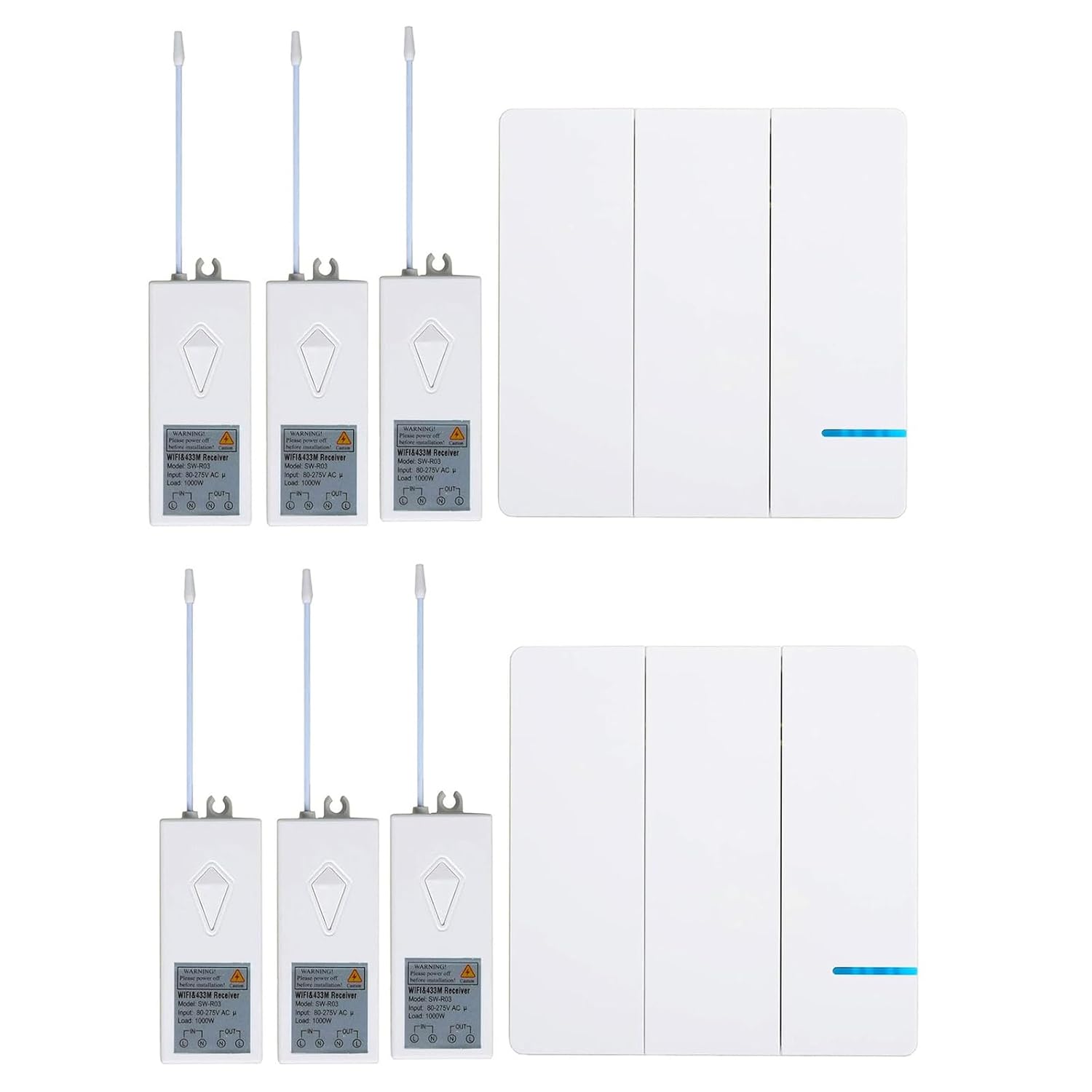 Greencycle 3 Gang Wireless WiFi Smart Lights Switch Compatible with Alexa and Google Home Remote Control House Lighting for Ceiling Lamp LED Bulb Fan, Waterproof (2 Switch,6 Receiver)