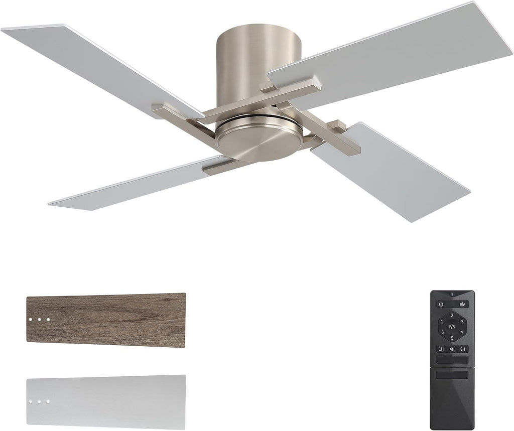 WINGBO 48 Inch Flush Mount Ceiling Fan without Light - 4 Plywood Blades, 6-Speed Reversible DC Motor, Noiseless Low Profile Ceiling Fan No Light for Bedroom Living Room, Nickel and Silver/Gray