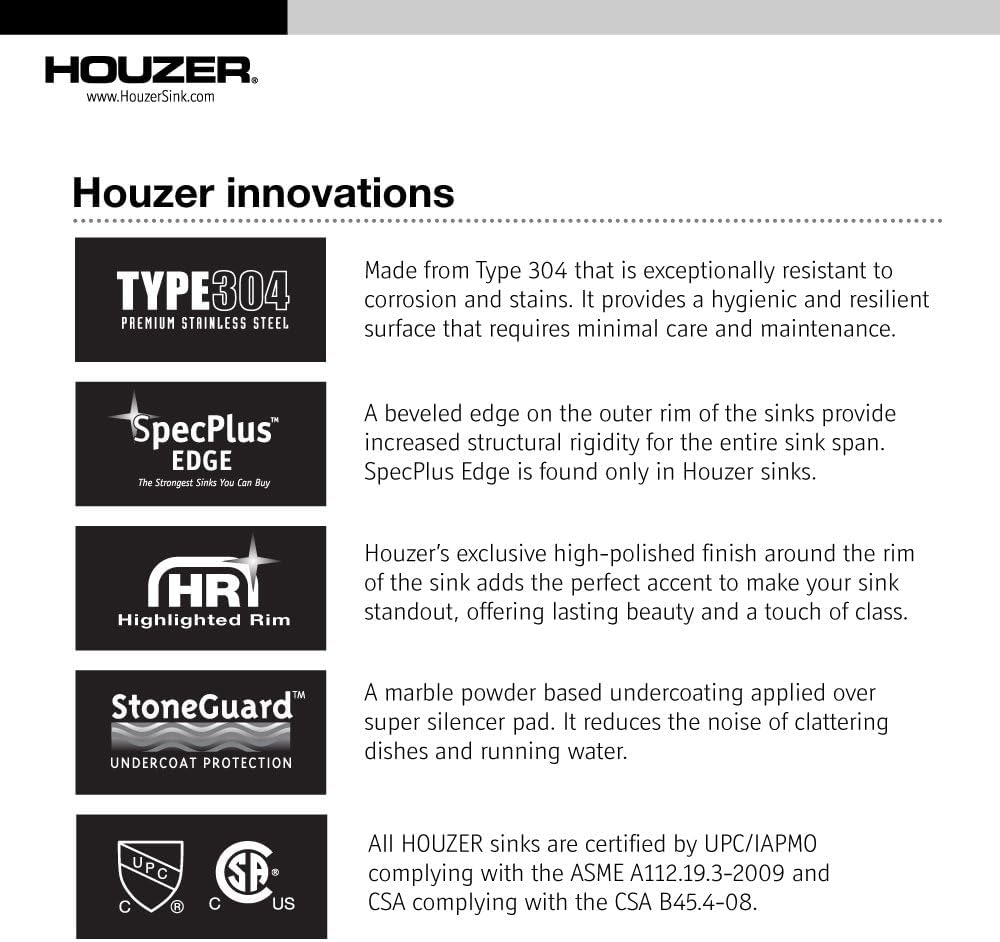 Houzer Medallion Designer Stainless Steel Kitchen Sink: 27 Inch Undermount Single D Bowl Sink with Strainer, Durable & Versatile, Essential for Home & Apartment: MS-2700-1