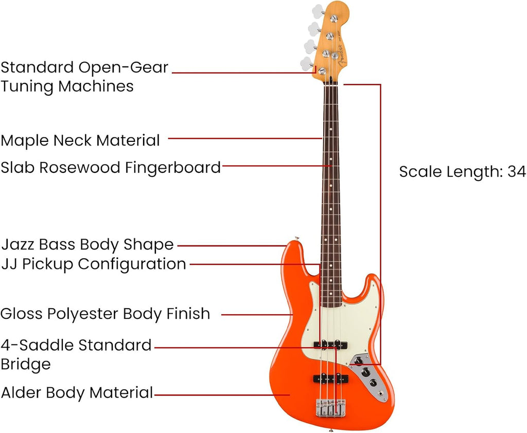 Fender Player II Jazz Bass - Rallye Orange Bundle with Gig Bag, Strap, Instrument Cable, Picks, Guitar Cleaning Kit, and Austin Bazaar Instructional DVD