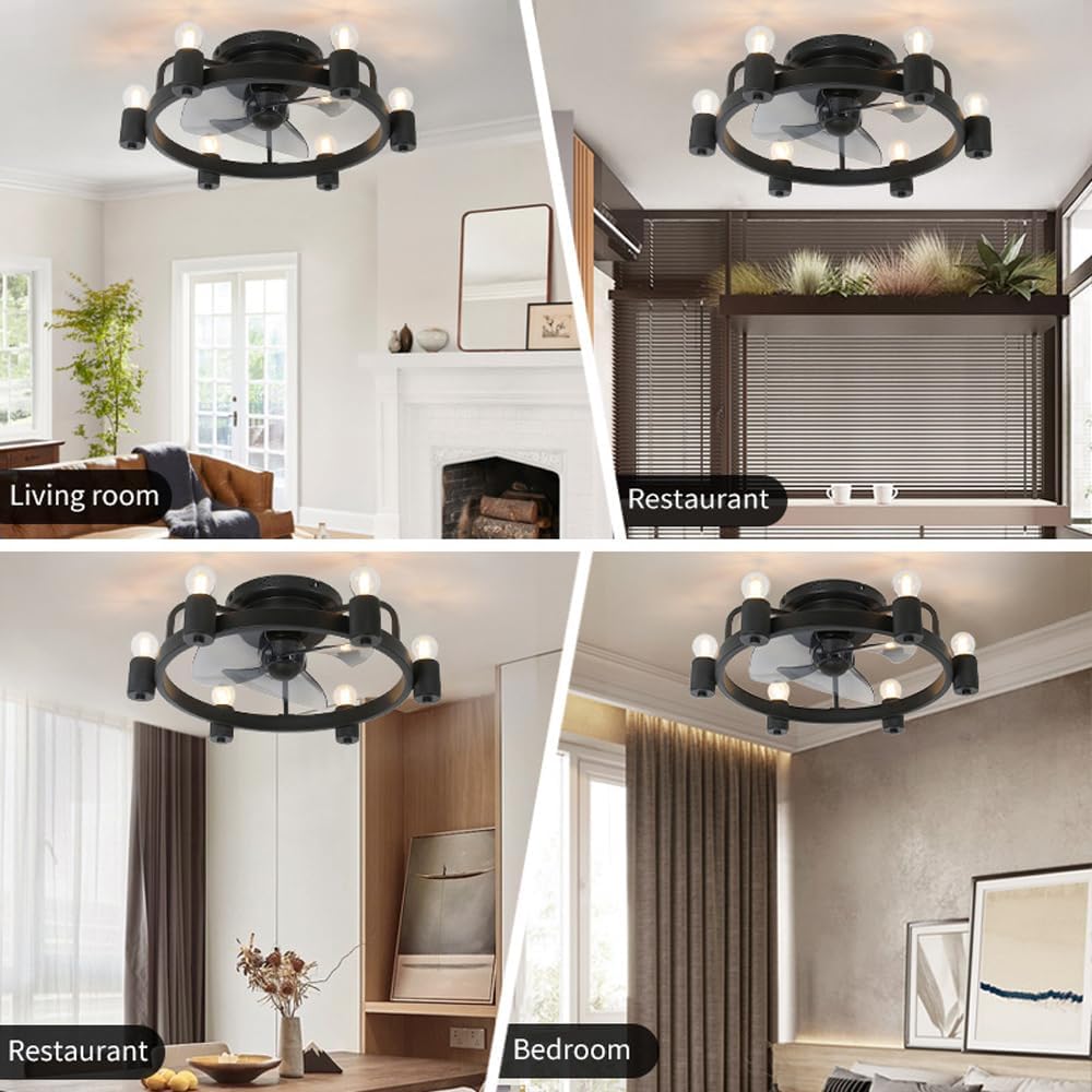 Black Ceiling Fan Light Retro Industrial Style Ceiling Fan Lights with Fan Low Noise 6 Lights Lighting for Restaurant Living Room Bedroom Study