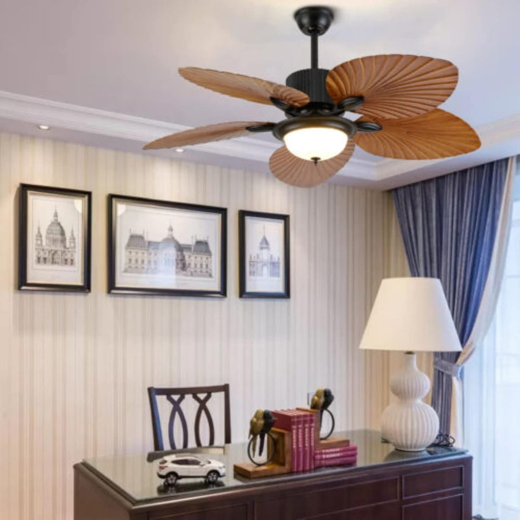 52' Retro Ceiling Fan Light, Leaf Blades Chandelier Indoor Lamp w/Remote Control Quiet, 5 ABS Palm Leaf Blades, 3 Speed & 3 Lighting Colors & Smart Timing, Home Indoor Bedroom Living Room