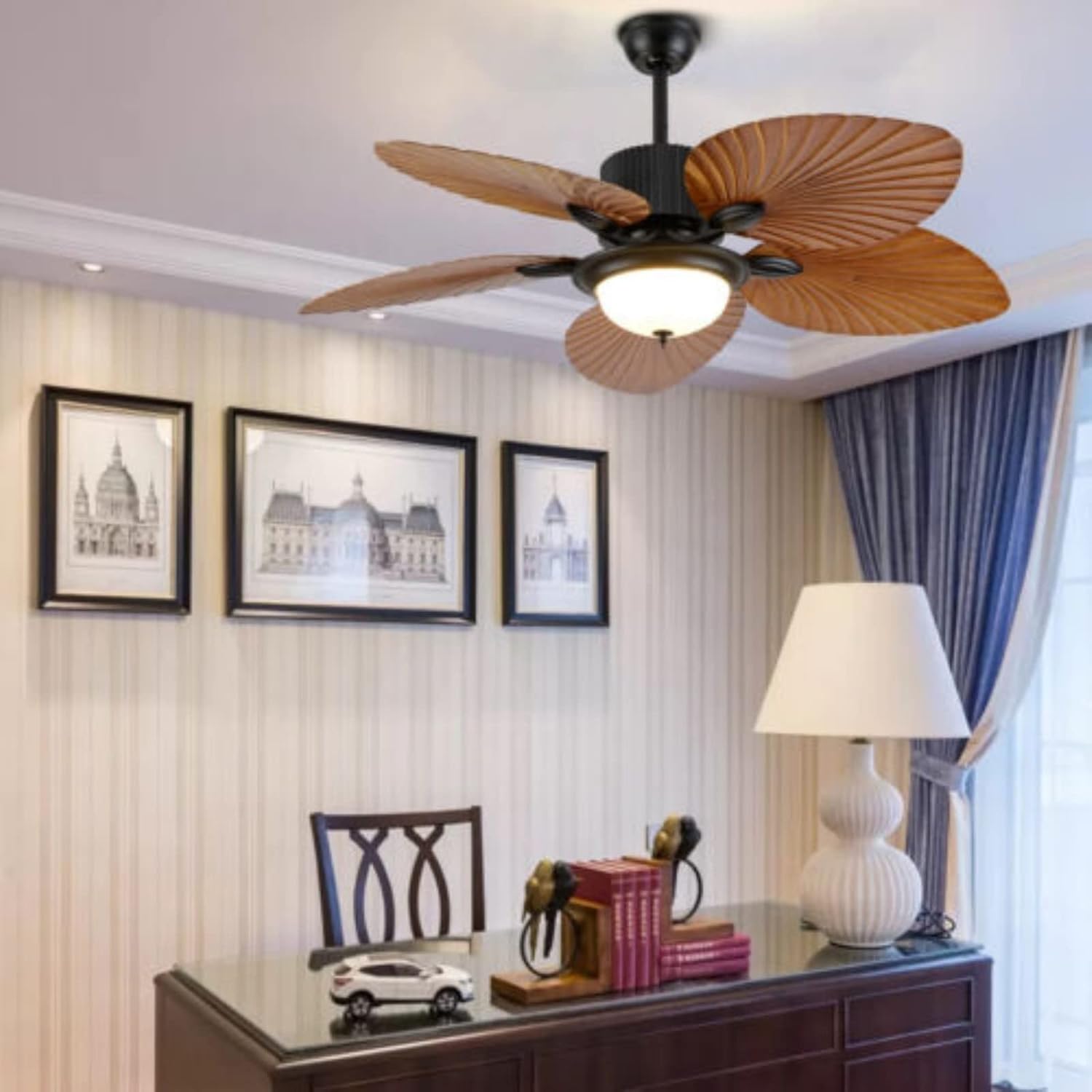 52' Retro Ceiling Fan Light, Leaf Blades Chandelier Indoor Lamp w/Remote Control Quiet, 5 ABS Palm Leaf Blades, 3 Speed & 3 Lighting Colors & Smart Timing, Home Indoor Bedroom Living Room
