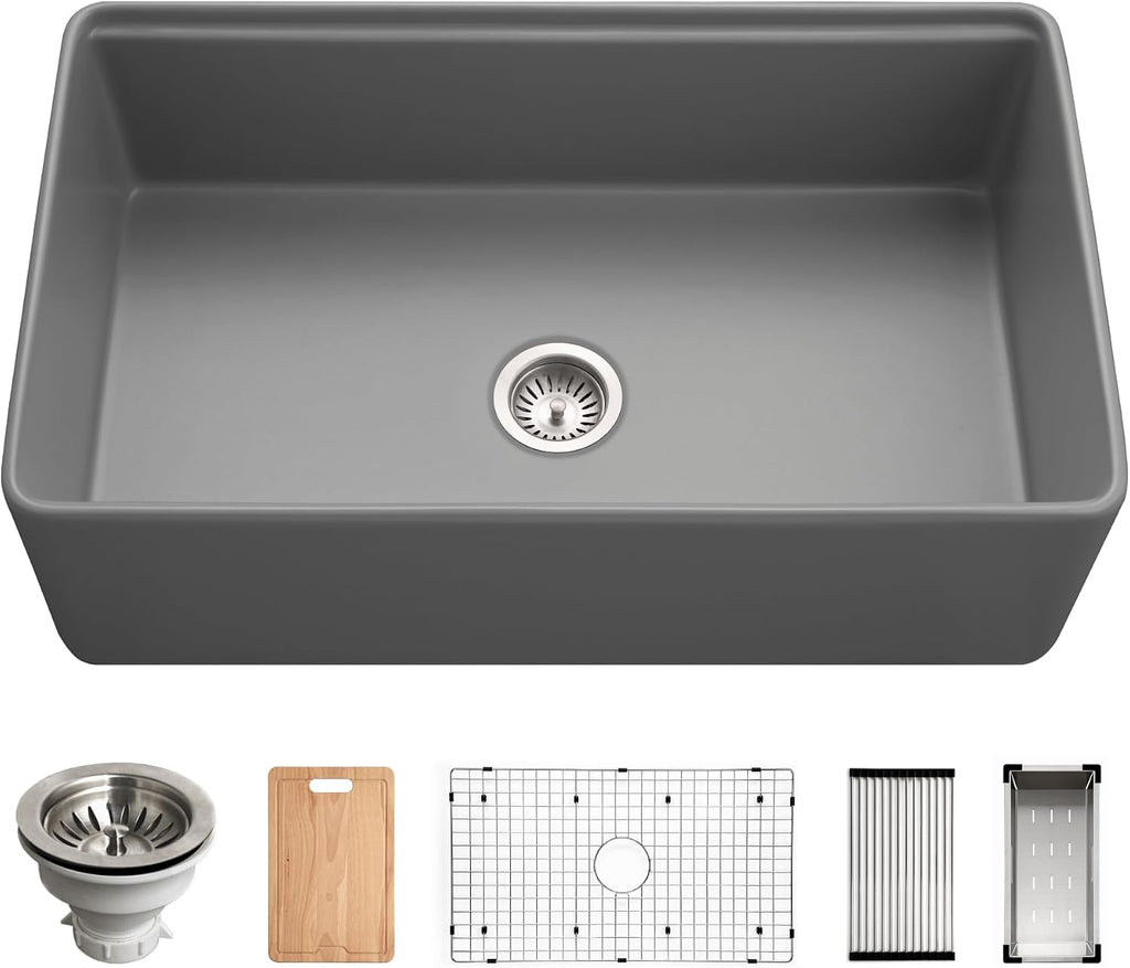 Houzer Aspire Gray Fireclay Workstation Sink: 33 Inch Farmhouse Apron Front Single Bowl Sink with Accessories, Durable & Versatile, Essential for Home & Apartment PTW-3320S GR