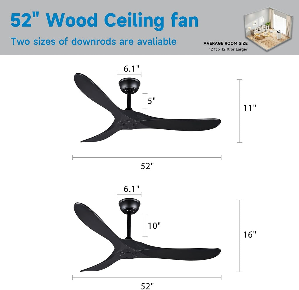 Bigzone 52' Outdoor/Indoor Black Ceiling Fans Without Lights with Remote Control, Energy Efficient DC Motor 27W, Smart Ceiling Fan With Reversible Blades