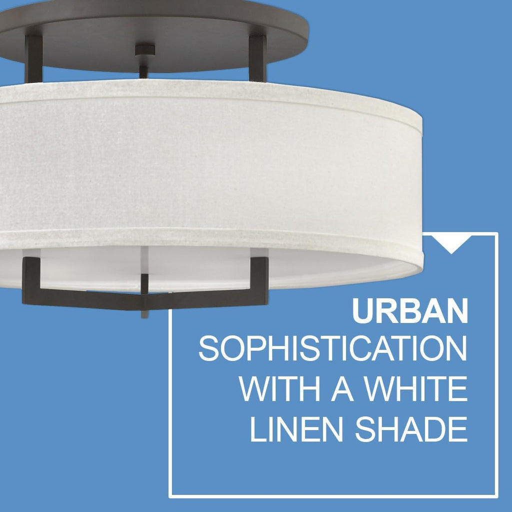 Hinkley Hampton Semi-Flush Three Light 26-in Dia. Ceiling Mount, Off-White Linen Drum Shade, Acrylic Diffuser, Buckeye Bronze Finish