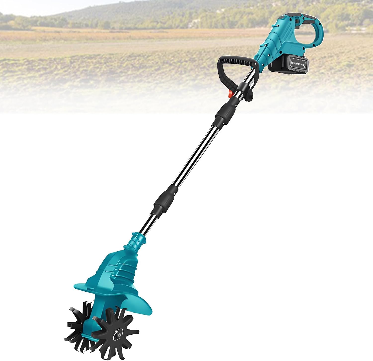 21v Cordless Tiller Cultivator, Gardening Tillers with 270RPM, 1 or 2 Battery Set, 20cm Width 25cm Depth, Portable for Lawn Garden Small Space Blue-FourBlades-1battery