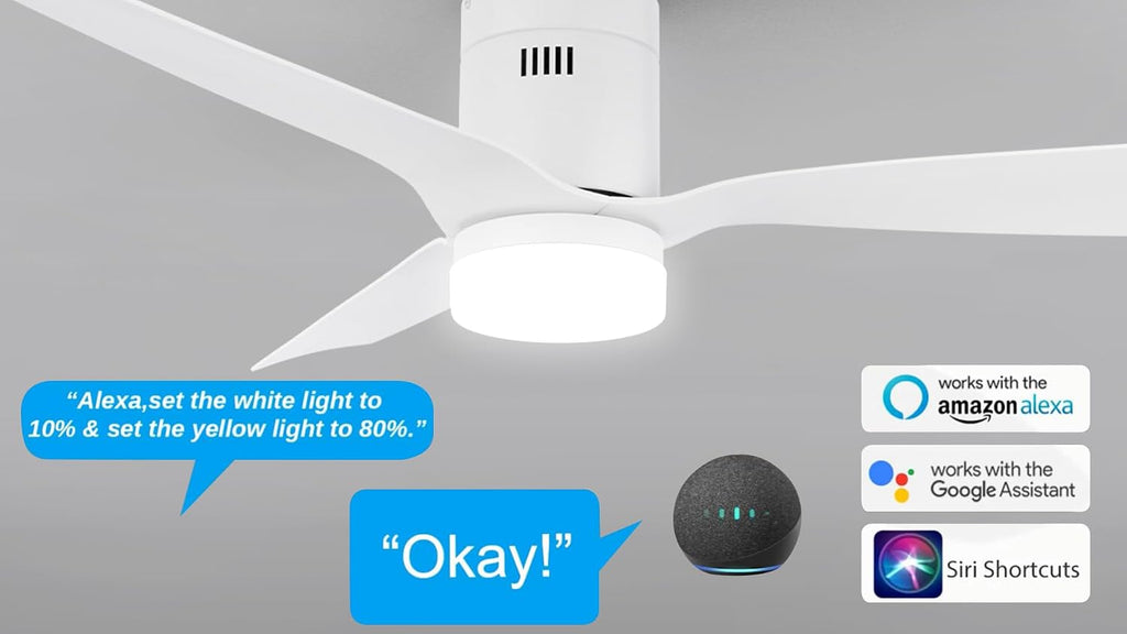 Carro 48' Flush Mount Black Ceiling Fan With 10 Speeds & 3 Colors Dimmable Light, Remote Control DC Low Profile Smart Ceiling Fan With Lights Compatible With Alexa, Siri & Google Home,White