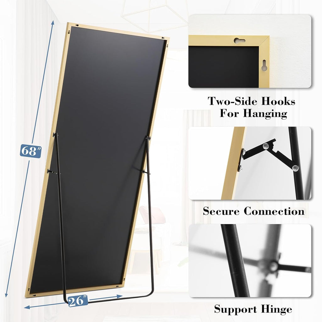 DUMOS 26'x68' Full Length Mirror with Stand, Floor Standing Aluminum Frame, Shatter-Proof Nano Glass for Bedroom, Living Room, Cloakroom – Modern Simple Home Decor,Can Be Hanging or Leaning, Gold