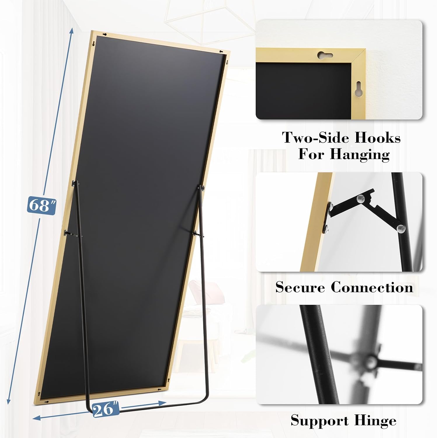 DUMOS 26'x68' Full Length Mirror with Stand, Floor Standing Aluminum Frame, Shatter-Proof Nano Glass for Bedroom, Living Room, Cloakroom – Modern Simple Home Decor,Can Be Hanging or Leaning, Gold