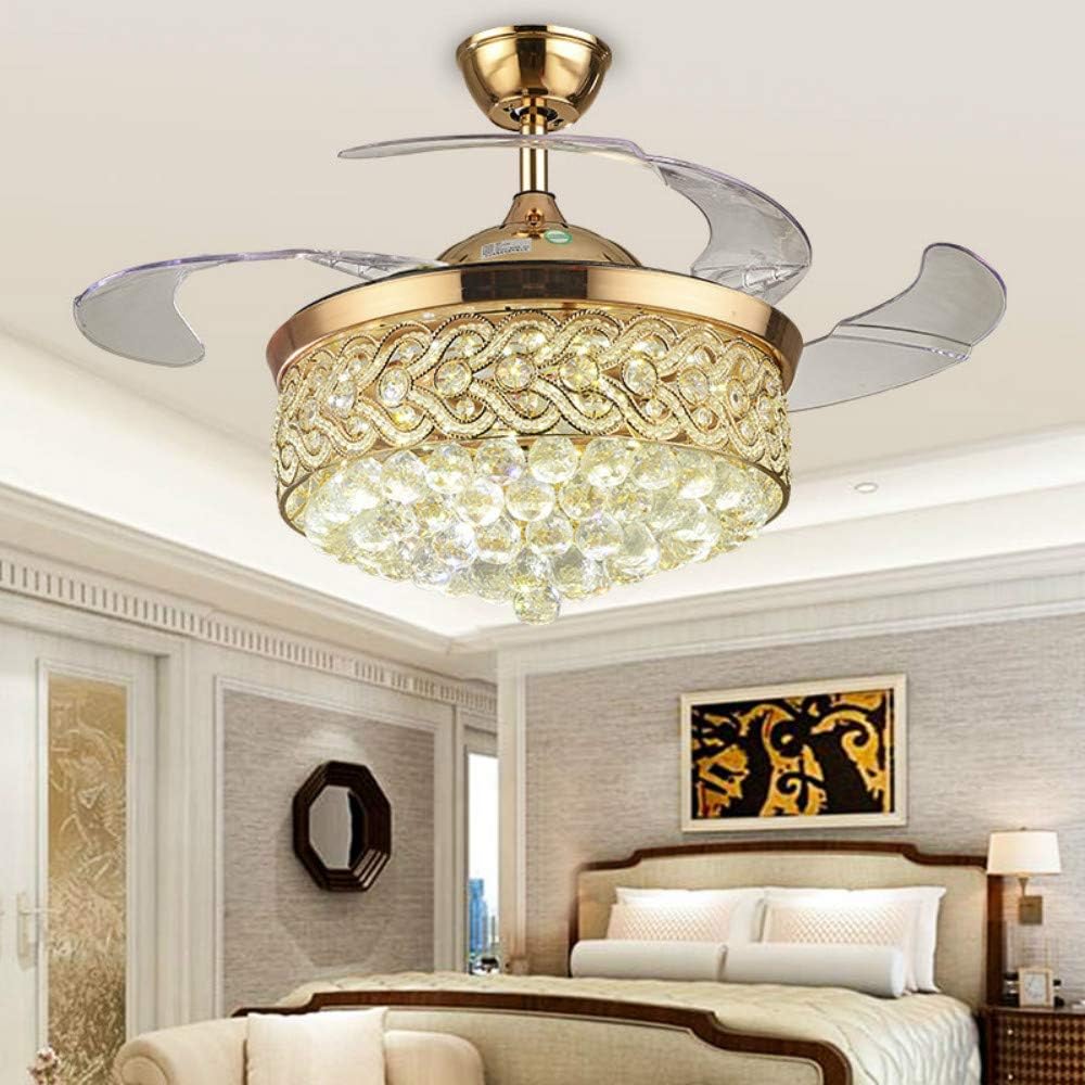 American Country 42 Inch Invisible Ceiling Fan Light Remote Ceiling Fan Light Retro Led Lamps Home Nordic Ceiling Fan Crystal Chandelier (Gold)
