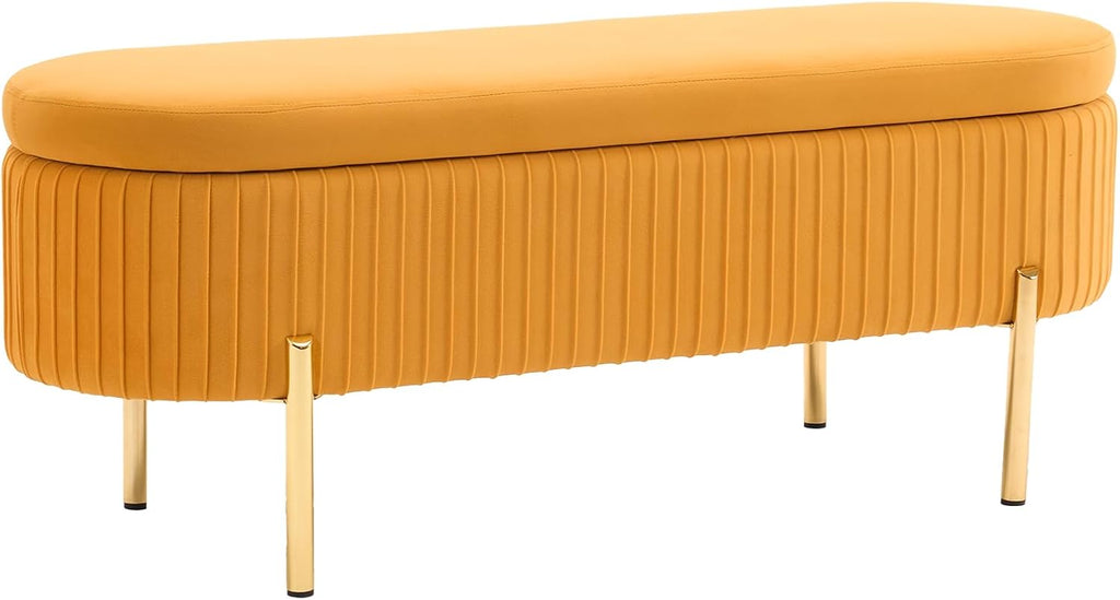 Velvet Storage Bench for Bedroom Upholstered End of Bed Bench Modern Ottoman with Gold Legs for Living Room/WindowEntryway (Mustard Yellow, Oval-45.5' W)