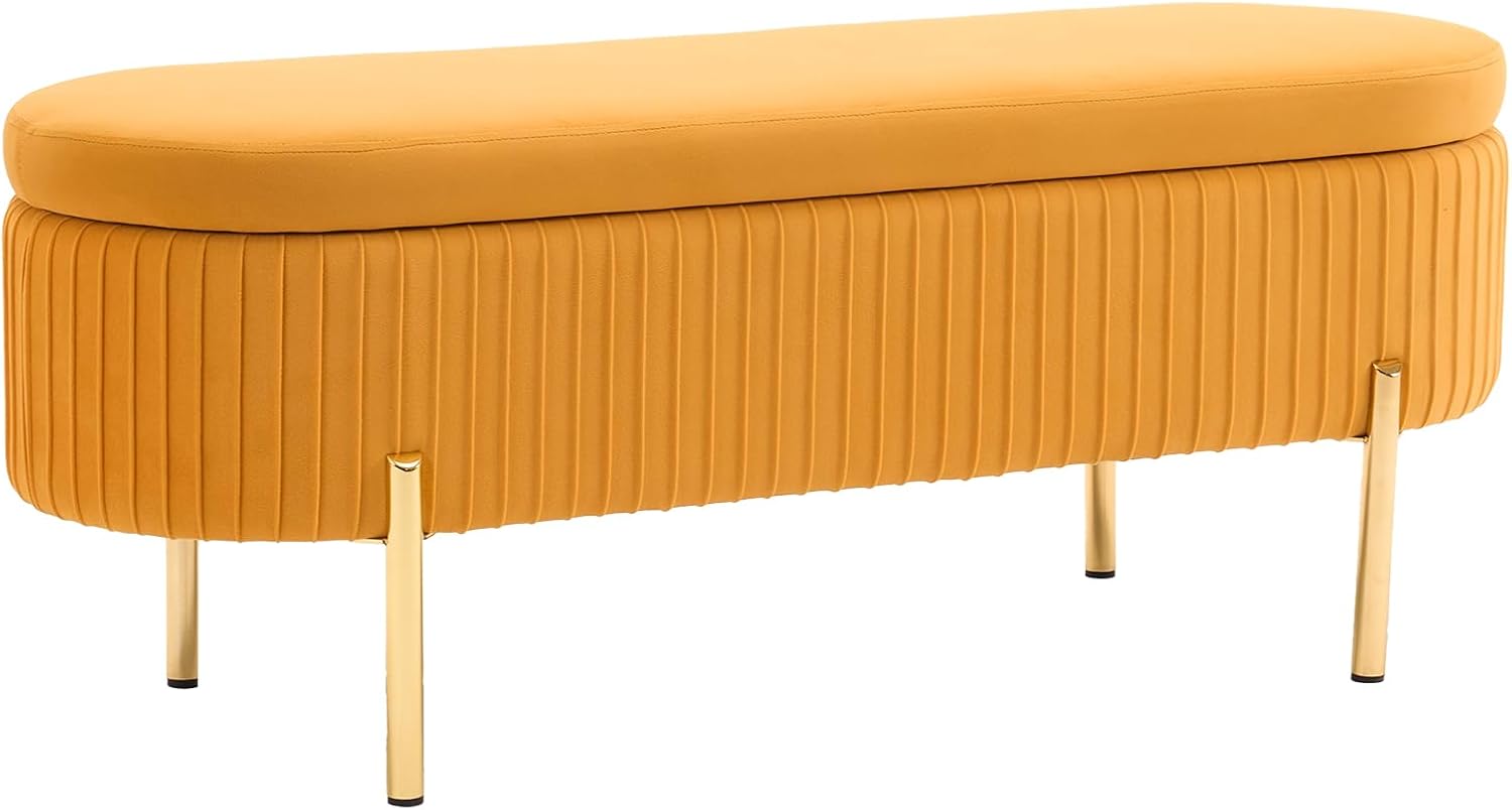 Velvet Storage Bench for Bedroom Upholstered End of Bed Bench Modern Ottoman with Gold Legs for Living Room/WindowEntryway (Mustard Yellow, Oval-45.5' W)
