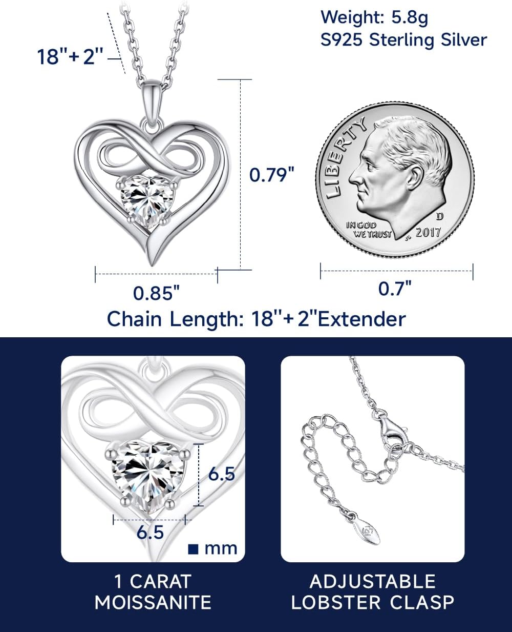 MomentWish Heart Necklace for Women, Jewelry Gifts for Her, D Color VVS1 Moissanite Necklace in 925 Sterling Silver, Infinity Pendent for Birthday Anniversary Mother's Day
