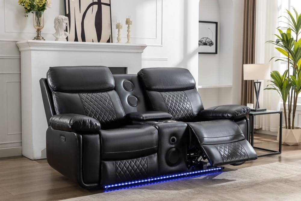 KEIKI Power Reclining Sofa Set with 1 Oversized Technical Leather Loveseat Sofa, Electric Control 2 Seat Couch Set with Cup Holder, Storage Armrest for Living Room, Black