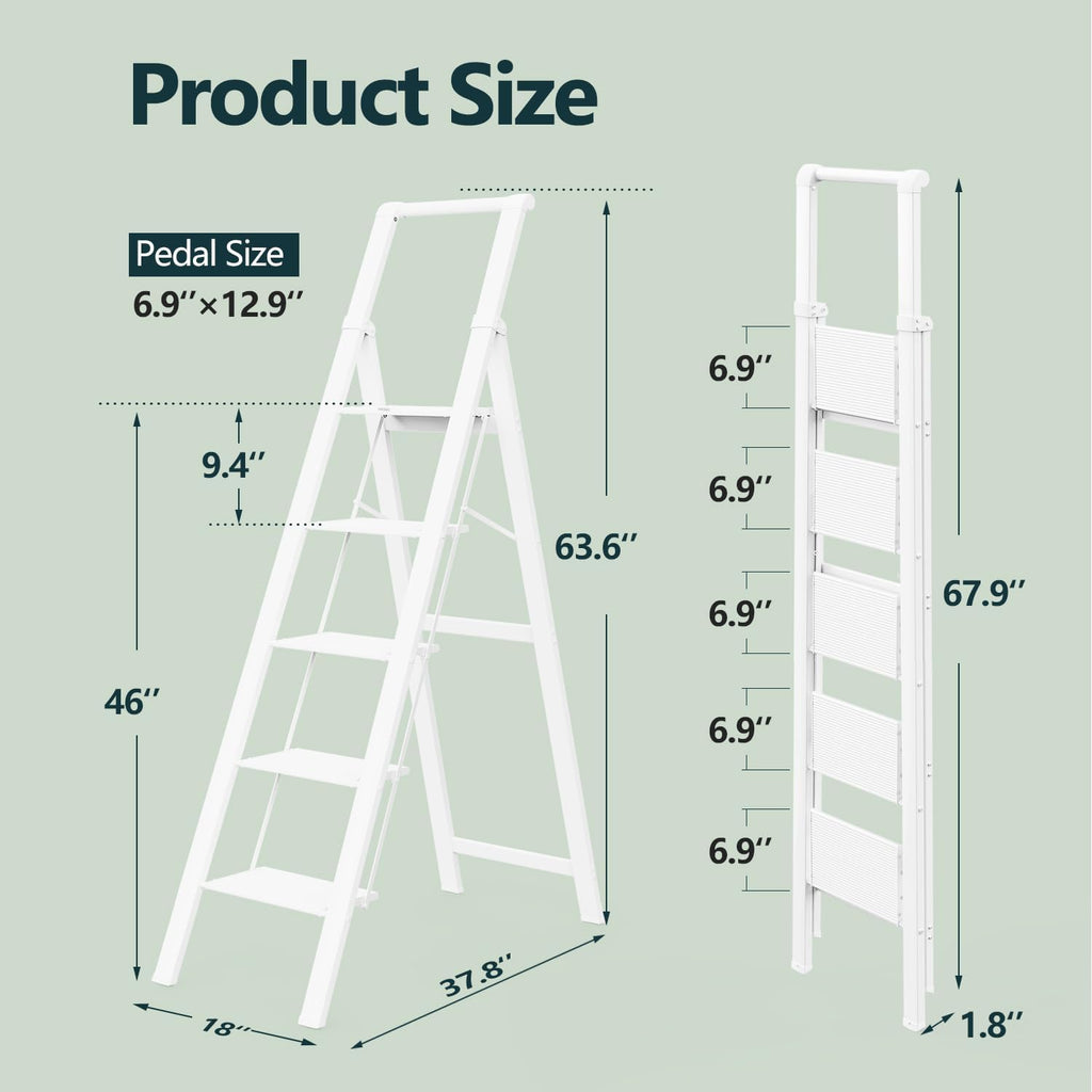 WOA WOA 5 Step Ladder, Ladders for Home, Anti-Slip Pedals, Step Stool Foldable, Lightweight to Move, Ease of Storage, Reach 10ft for Closet Kitchen Library, Hold 300lbs - White