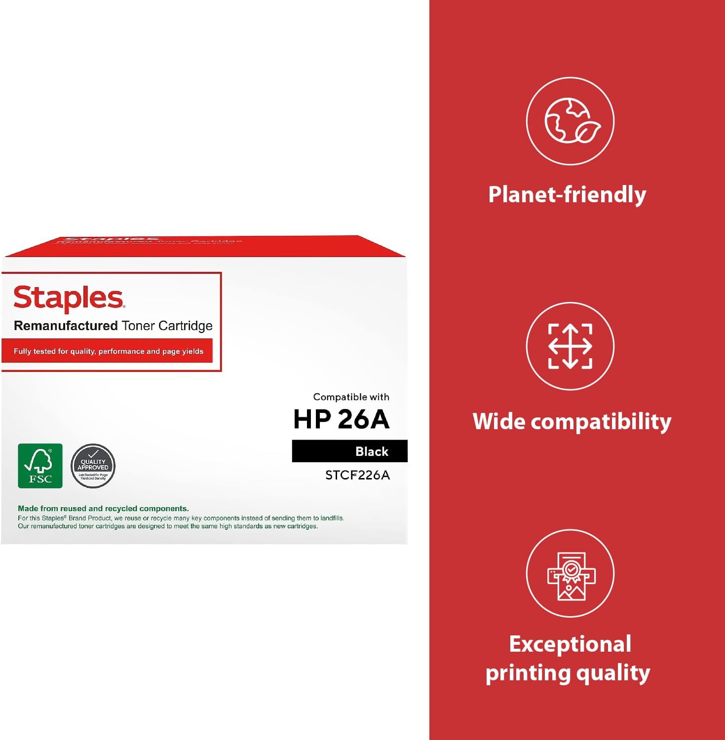 STAPLES Remanufactured 26A Toner Cartridge Black Standard Yield Replacement for HP 26A