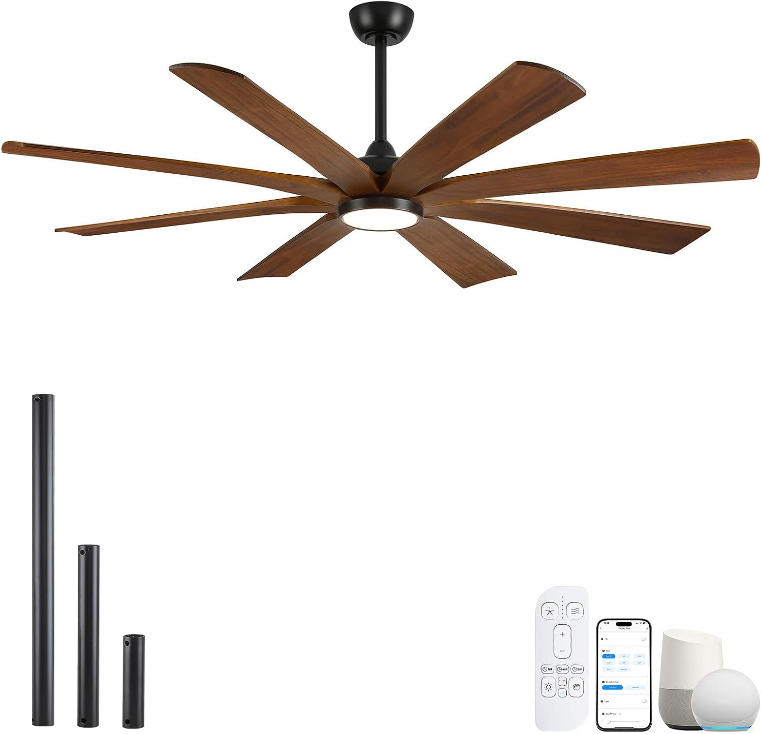 65 Inch Smart Outdoor Ceiling Fan with Lights, Alexa/App/Remote Control, 8 Solid Wood Walnut Blades Damp Rated, High 9876 CFM Quiet DC Motor, Farmhouse Style for Large Room Exterior Gazebo Patio