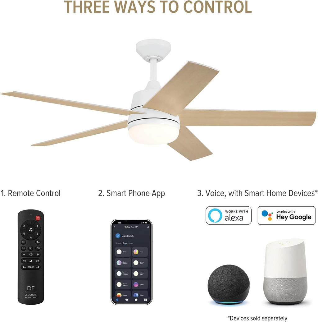 DESIGNERS FOUNTAIN Astrea Smart Ceiling Fan with Lights, 52 Inch LED Light Indoor Outdoor 5-Blade Fan, Remote Control, RGB, Matte White, FS-ATR52RGB-MW