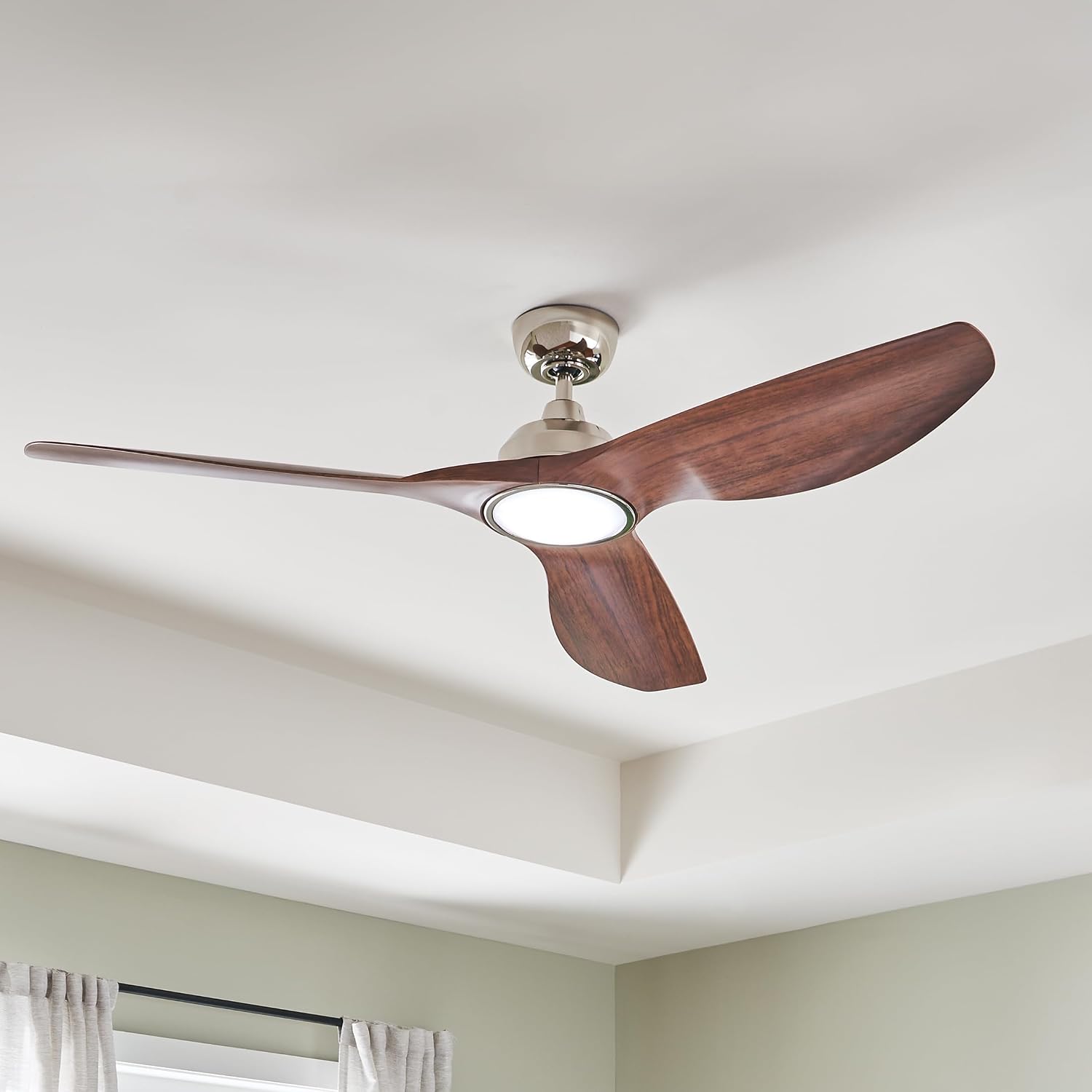 KICHLER 300365PN Protruding Mount, 3 walnut Blades Ceiling fan with 23 watts light, Polished Nickel