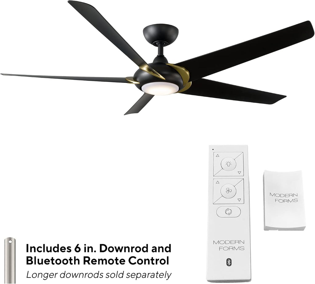 Modern Forms Lucid Indoor and Outdoor 5-Blade 62in Smart Ceiling Fan in Soft Brass Matte Black with 3500K LED Light Kit and Remote Control works with Alexa and iOS or Android App
