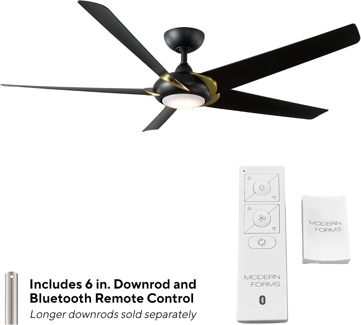 Modern Forms Lucid Indoor and Outdoor 5-Blade 62in Smart Ceiling Fan in Soft Brass Matte Black with 3500K LED Light Kit and Remote Control works with Alexa and iOS or Android App