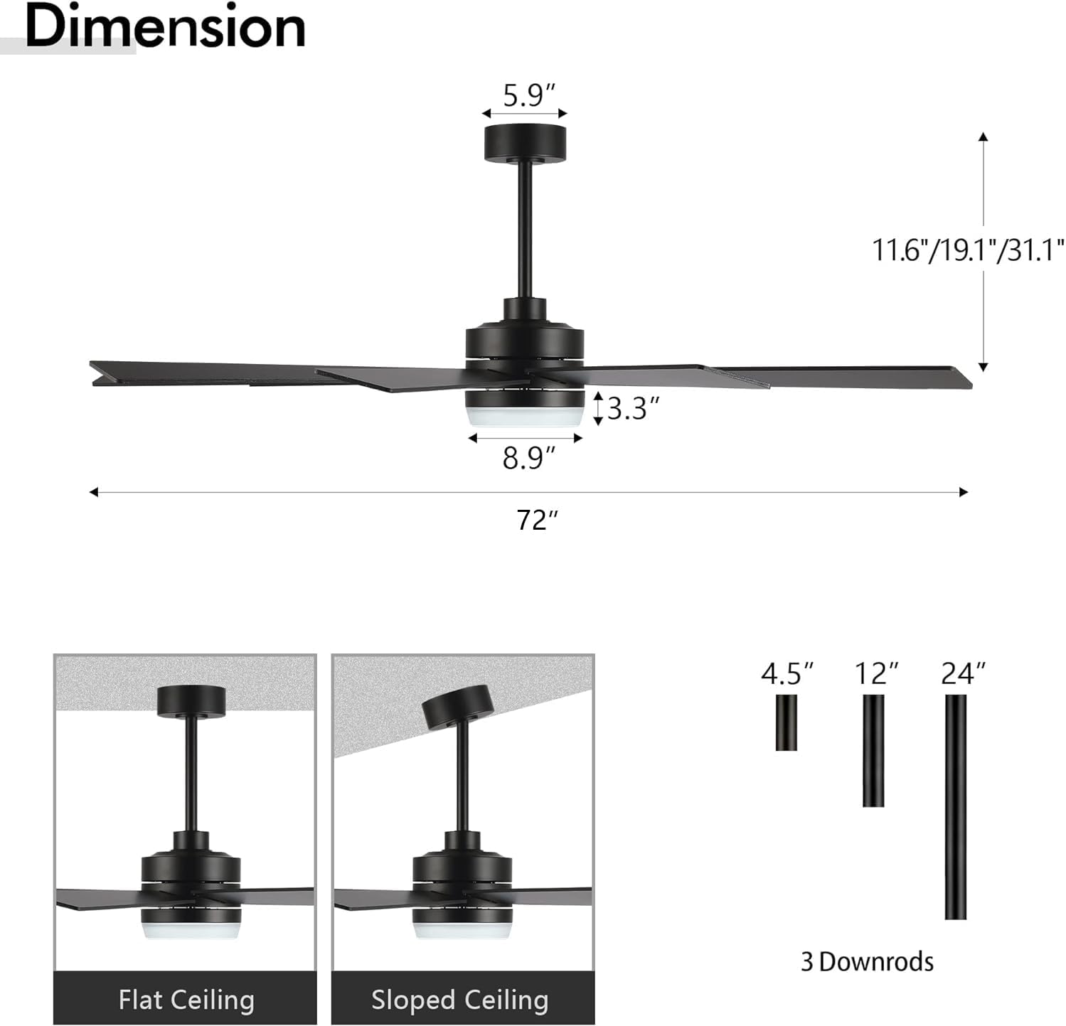 LEDLUX 72' Ceiling Fan with Light Black, 6-Speed Remote Control, Reversible DC Motor, Modern 9 Blades with 4.5'/12'/24' Downrods for Home or Commercial, Living Room/Restaurant