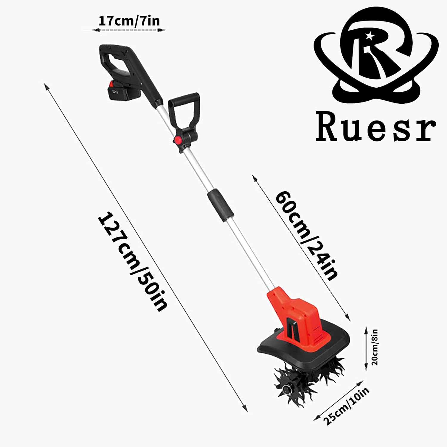 Ruesr Electric Cordless Garden Tiller, 50-inch Cultivator 20v Electric Garden Tiller Battery Powered Total 4000mAh 4-in-1 Soil Tiller for Trenching, Weeding, Loosening, Plowing