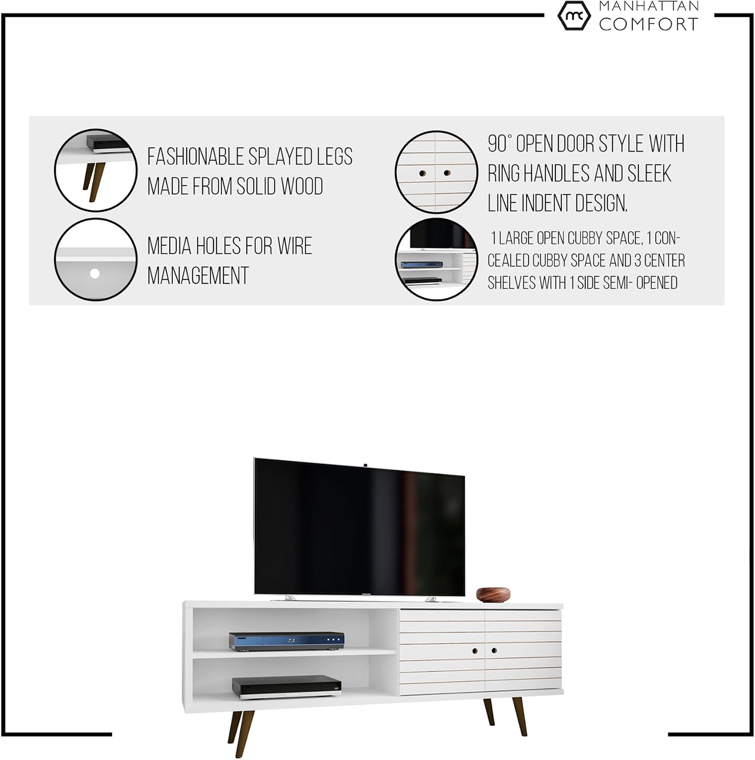 Manhattan Comfort Liberty Mid Century Modern TV Stand for Televisions up to 60 Inches, Bedroom and Living Room Entertainment Center with Storage, Shelves, and Cabinet, 63' Wide, White/3d Print