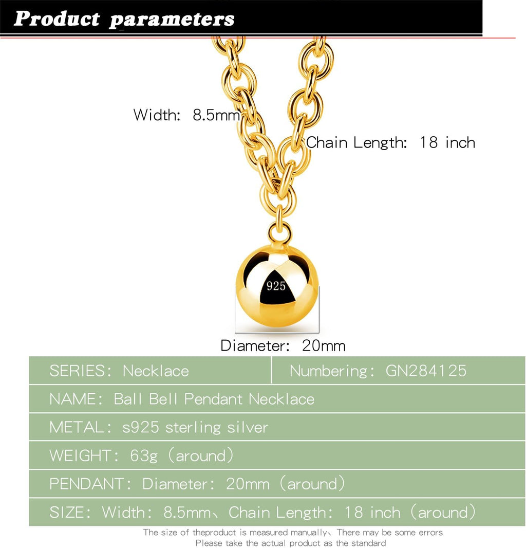 Dankadi Women 925 Sterling Silver Necklace Round Cable Wire Link-Charm Heart-Bell-Square-Circle Pendant Chain Choker Fine Jewelry Gift For Wife Her (8.5MM Gold Bell Pendant, 24 inch)