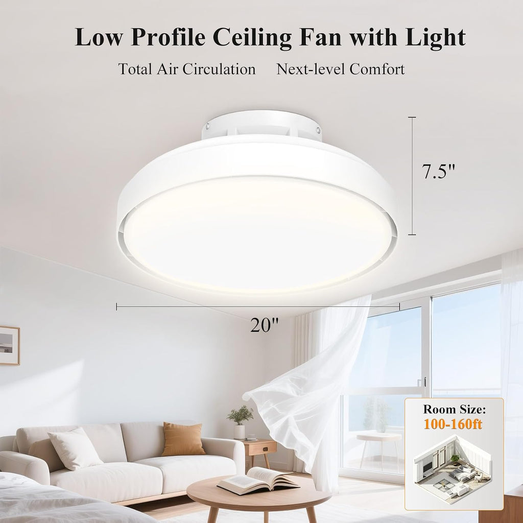 Mixoo Low Profile Bladeless Ceiling Fan with Light & Remote, Flush Mount Dimmable Ceiling Fan Lighting Kit, 6-Speed Quiet Reversible Motor for Bedroom Kids Room Kitchen Modern White(20In)