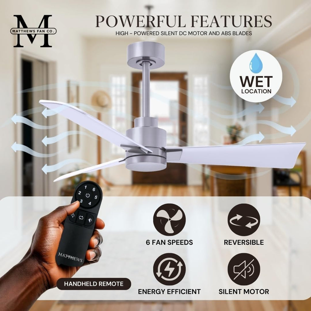 Matthews AK-BN-MWH-42 Alessandra Wet Rated 42' Outdoor Ceiling Fan without Light, Remote Included, Silent DC Motor, Brushed Nickel with Matte White