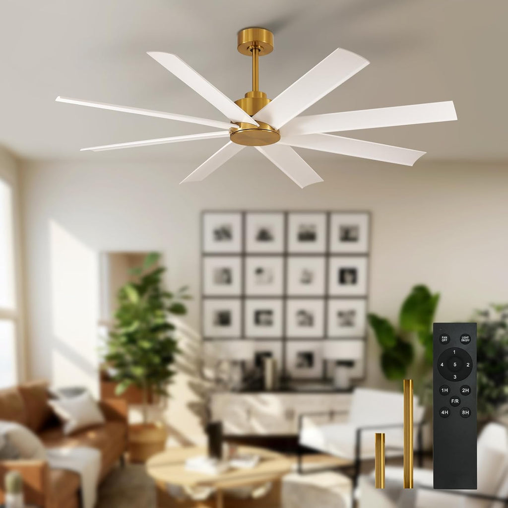 Farmhouse Ceiling Fan with Remote: 60' White and Gold 8-Blade 5-Speed Reversible DC Motor - Large Indoor/Outdoor Fan