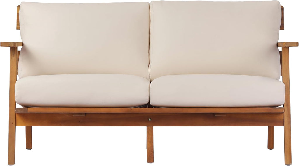Christopher Knight Home Colmar 2 Pieces Conversation Set, Mid Century Patio Loveseat Sofa and Coffee Table, Outdoor Acacia Wood Loveseat and Table Set with Cushions in Slats Panels Design, Teak+ Beige