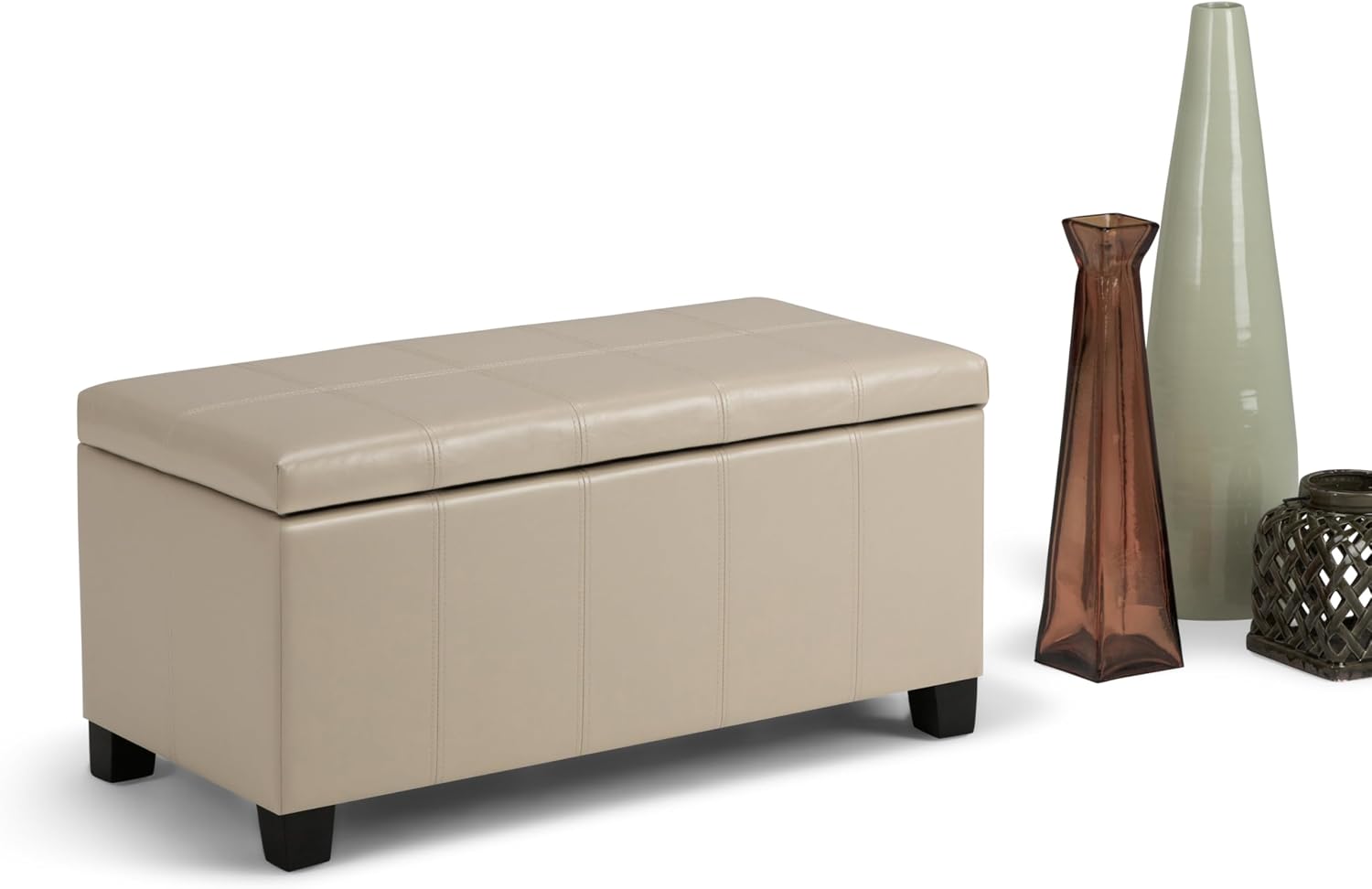 SIMPLIHOME Dover Storage Ottoman Bench - 36 inch Wide Upholstered Vegan Leather Rectangular Lift-Top Ottoman in Satin Cream, Contemporary Bench for Living Room with Safety Hinges