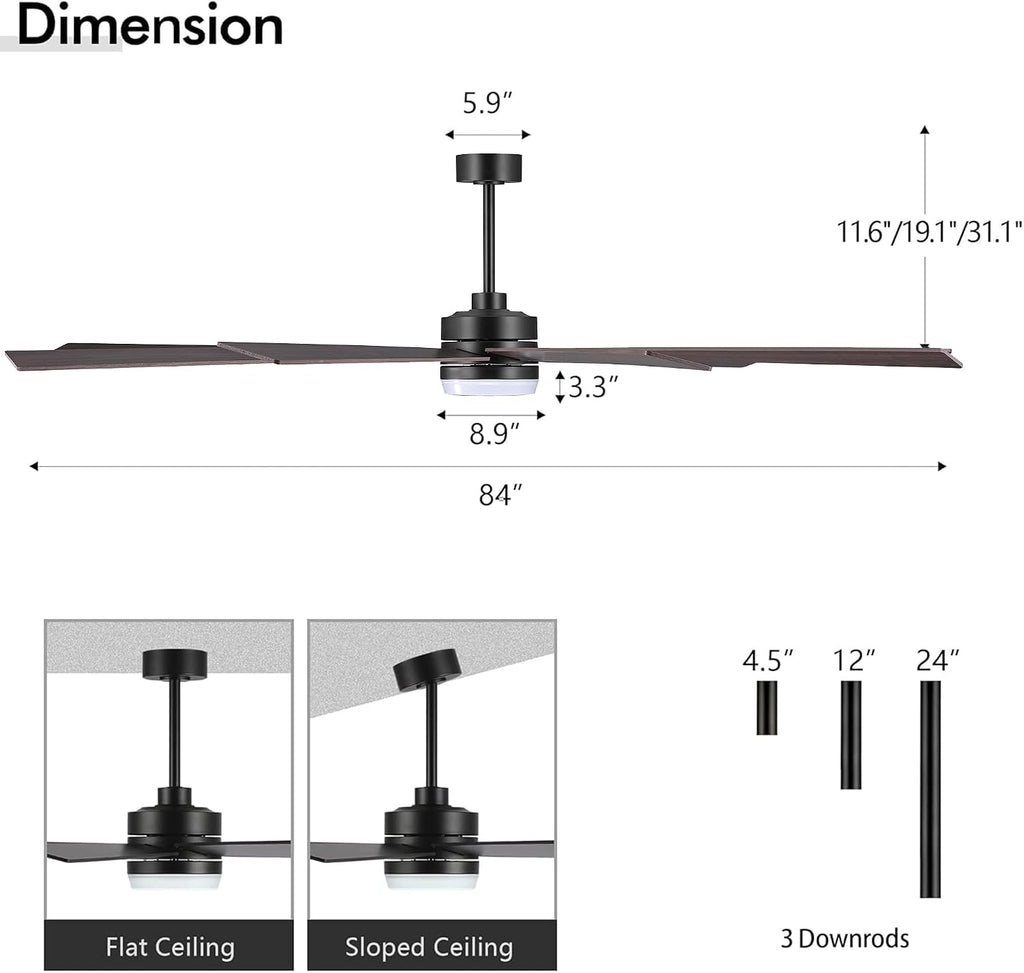 LEDLUX 84' Ceiling Fan with Light, 6-Speed Remote Control, Reversible DC Motor, Modern 9 Blades with 4.5'/12'/24' Downrods for Home or Commercial Black/Walnut