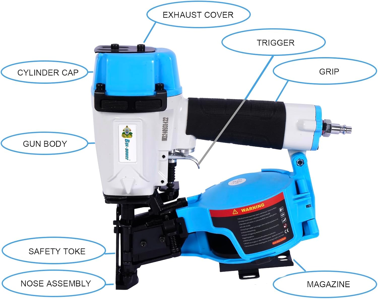 Honduras Style Roofing Nail Gun, 15 Degree CN45N Roofing Nailer 3/4-Inch to 1-3/4-Inch Coil Nails, 120-pcs Load Capacity Coil Nailer
