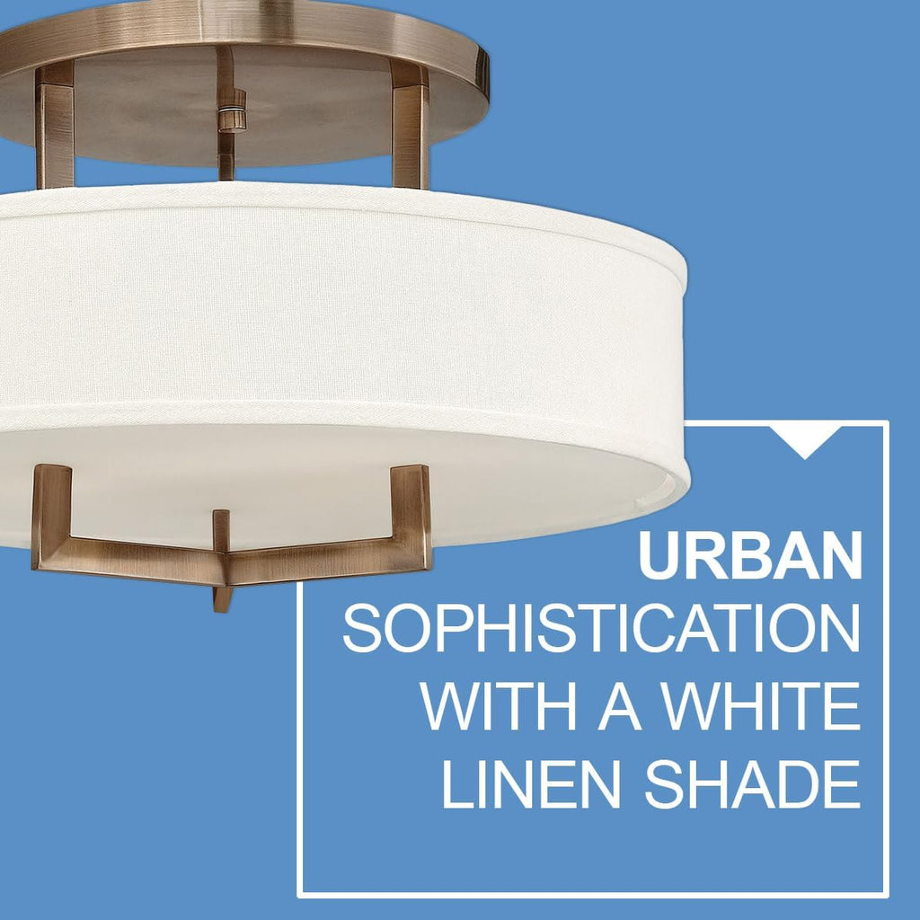 Hinkley Hampton Semi-Flush Three Light 20-in Dia. Ceiling Mount, Off-White Linen Drum Shade, Acrylic Diffuser, Brushed Bronze Finish