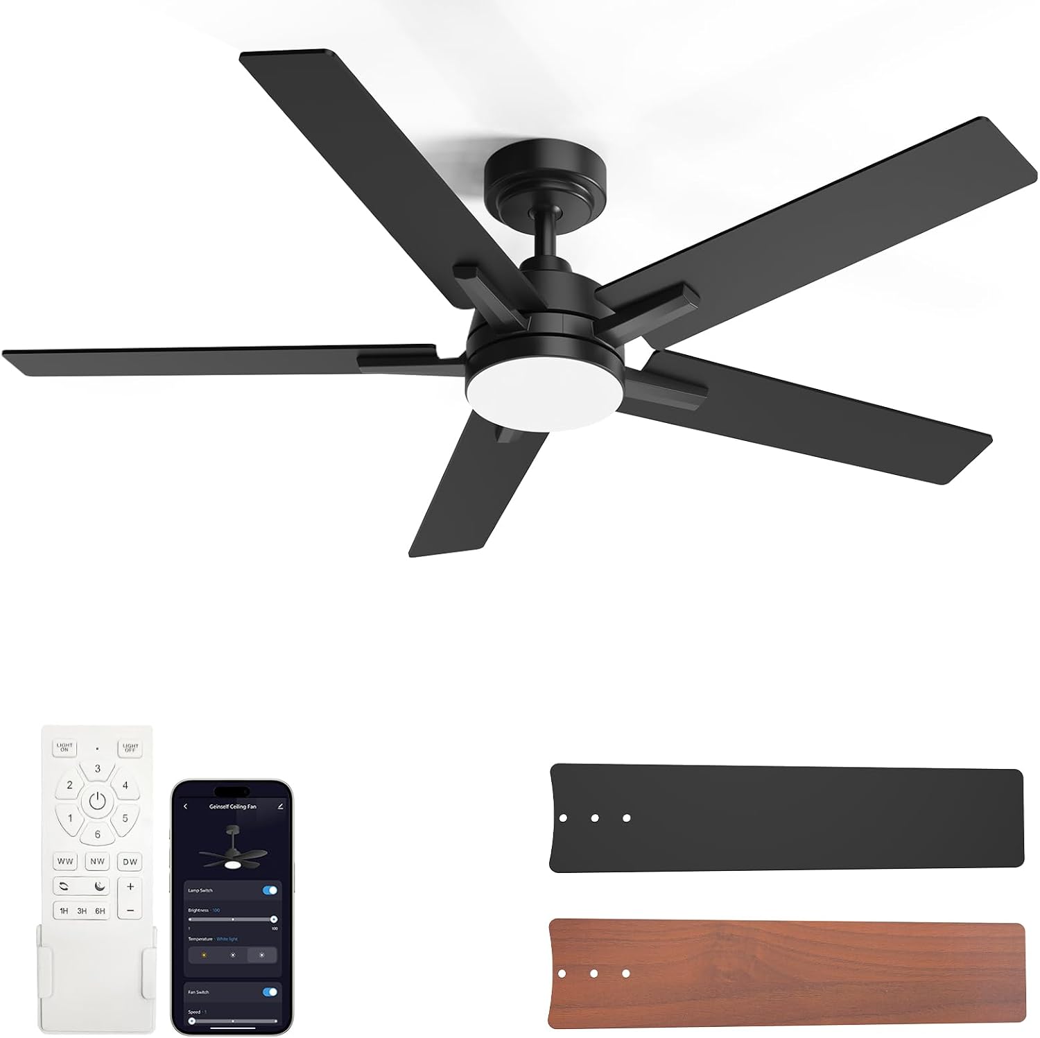 52 Inch Ceiling Fan with Light, Black Smart Ceiling Fan with 5 Two-Sided Blades, LED Fan with Remote and Compatible with Alexa, High CFM Ultra Quiet Large Fan for Bedroom, Living Room