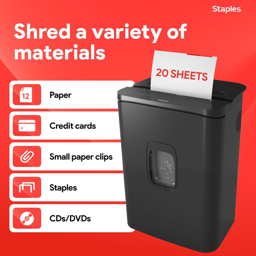 Staples 20-Sheet Micro-Cut Paper Shredder, High-Security Document & Credit Card Shredding for Offices, Black