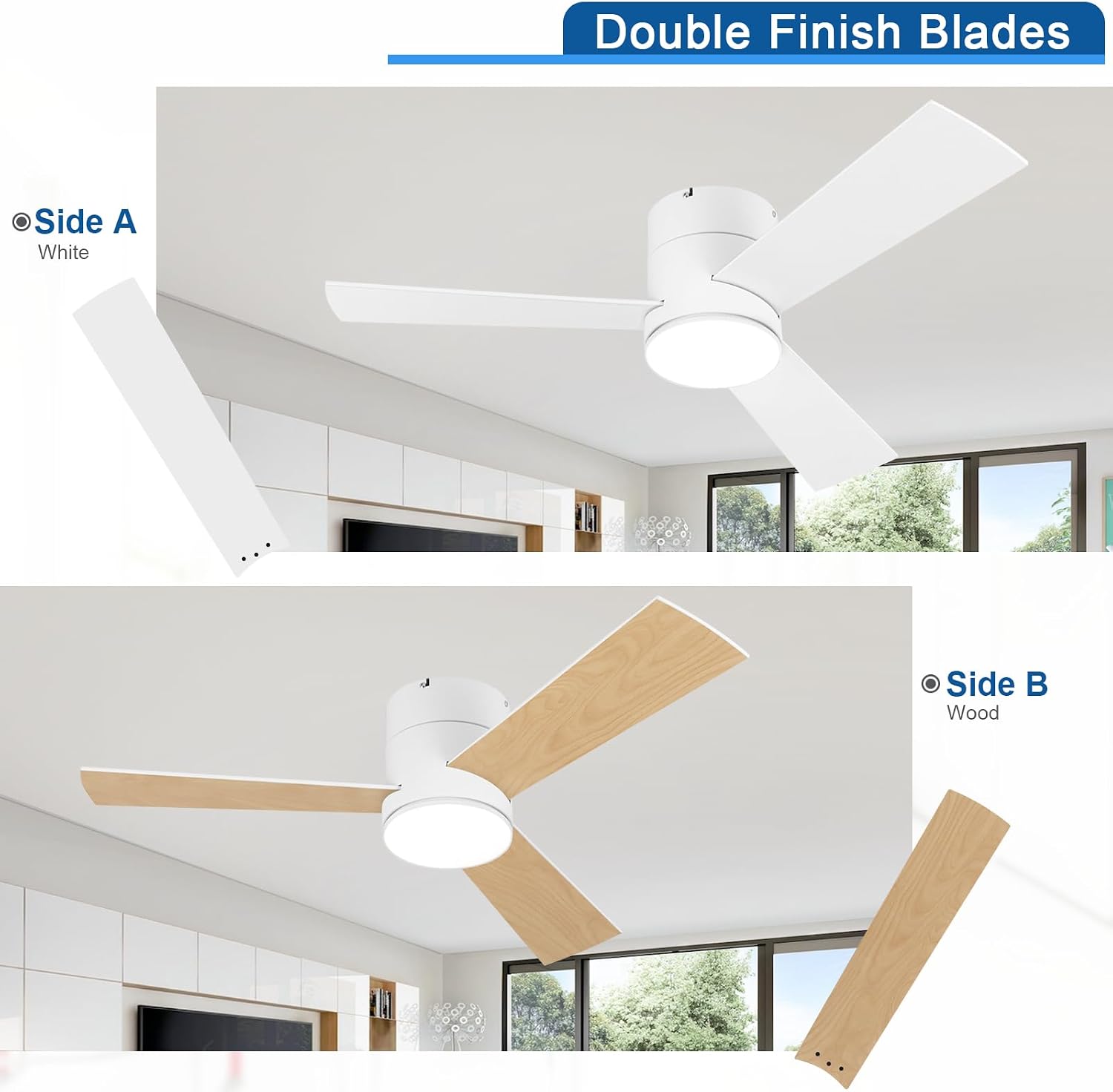 GESUM 42 Inch Ceiling Fan with Lights, Flush Mount Ceiling Fans with Remote Control, Dimmable, 3CCT, Reversible, White Outdoor Ceiling Fans for Patios Bedroom Kitchen Porch