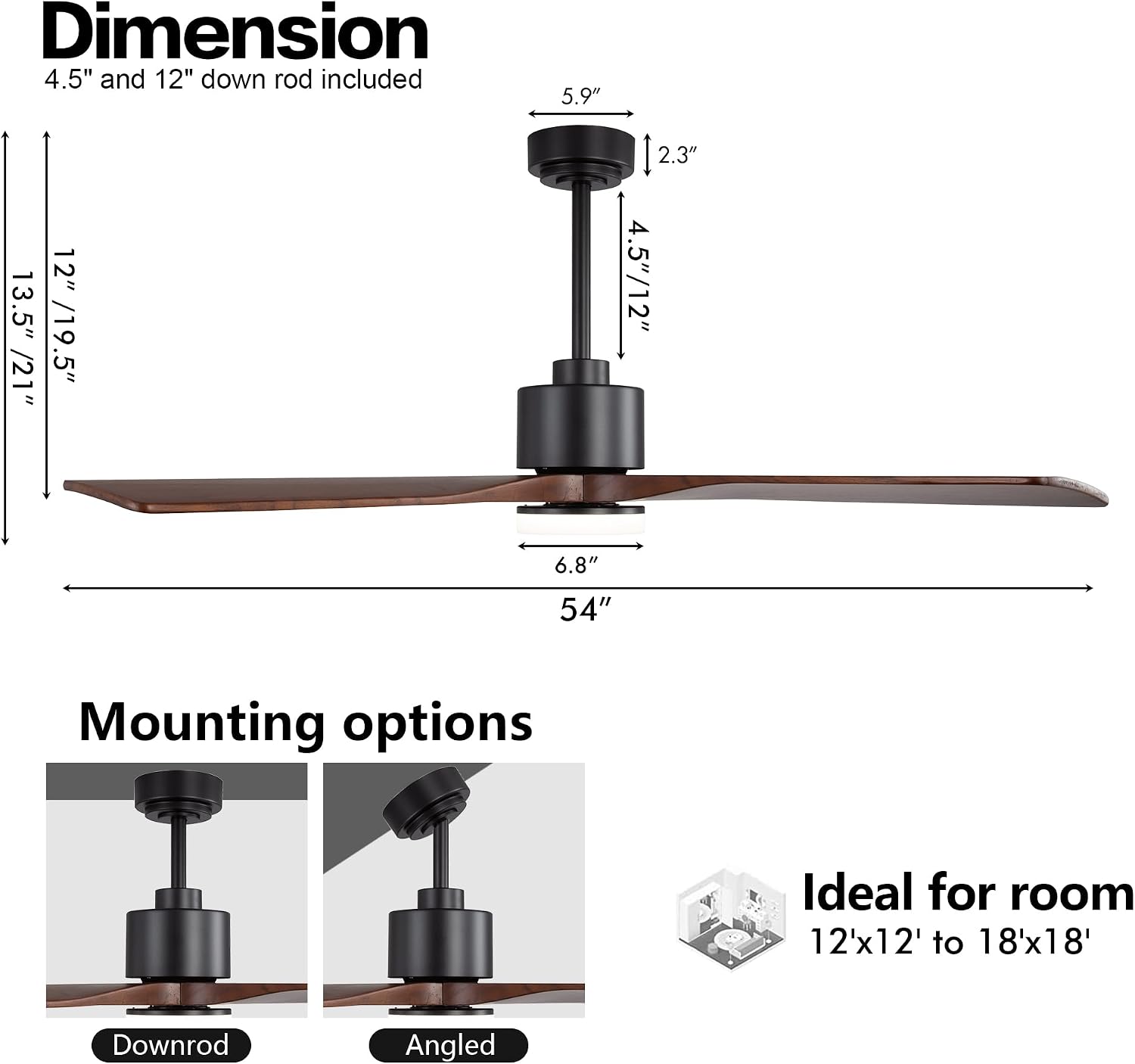WINGBO 54 Inch DC Ceiling Fan with Lights and Remote Control, 4 Carved Solid Wood Blades, 6-Speed Noiseless Reversible DC Motor, Modern Ceiling Fan in Black Finish with Walnut Blades