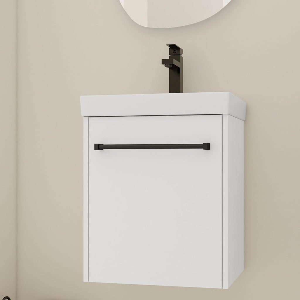 Glemab 17.31' Floating Wall-Mounted Bathroom Vanity, Wall-Mounted Storage Cabinet with Ceramic Sink, Soft-Close Cabinet Door, Bathroom Vanity with Ceramic Sink, White