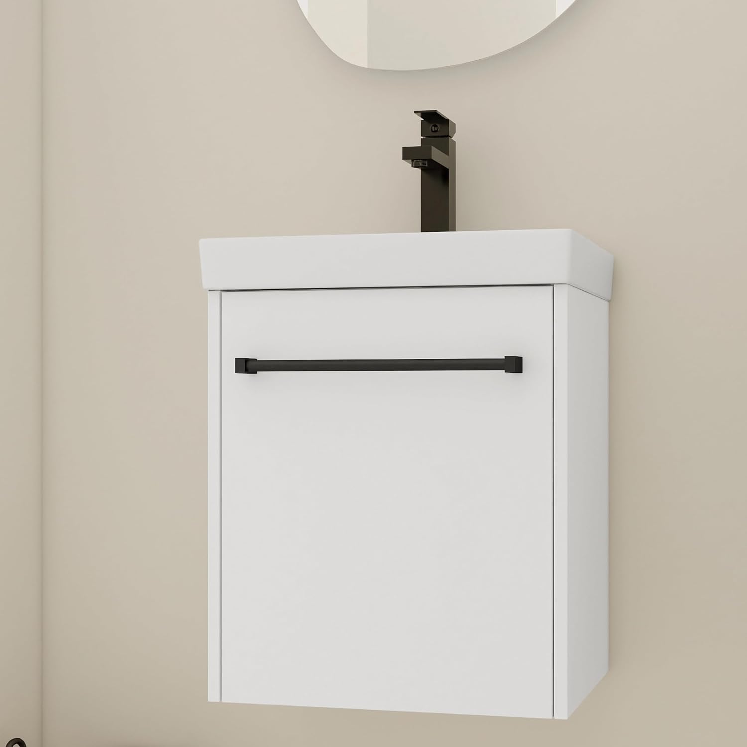 Glemab 17.31' Floating Wall-Mounted Bathroom Vanity, Wall-Mounted Storage Cabinet with Ceramic Sink, Soft-Close Cabinet Door, Bathroom Vanity with Ceramic Sink, White