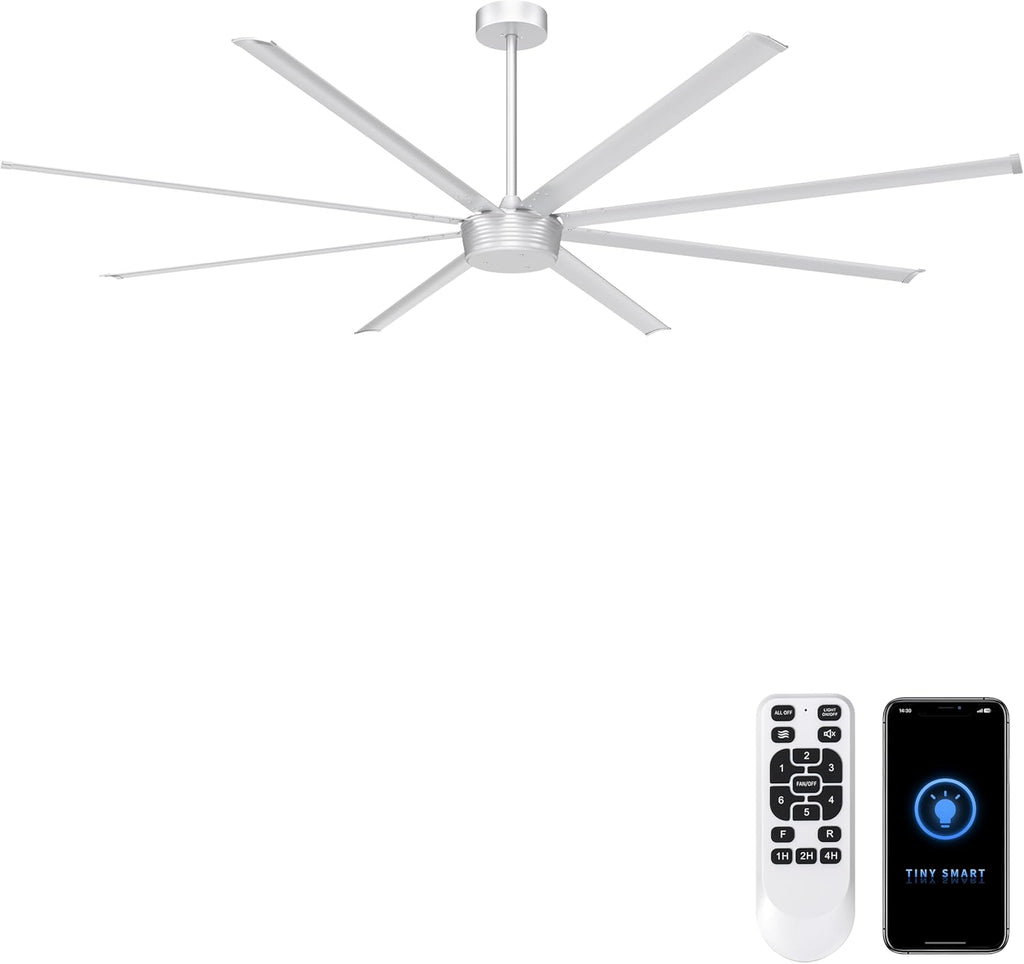 Ohniyou 96'' Industrial Ceiling Fan No Light - High CFM Large Metal Fan with 8 Aluminum Blades, Remote/APP Controlled, DC Motor, for Shop, Warehouse, Gym, Silver