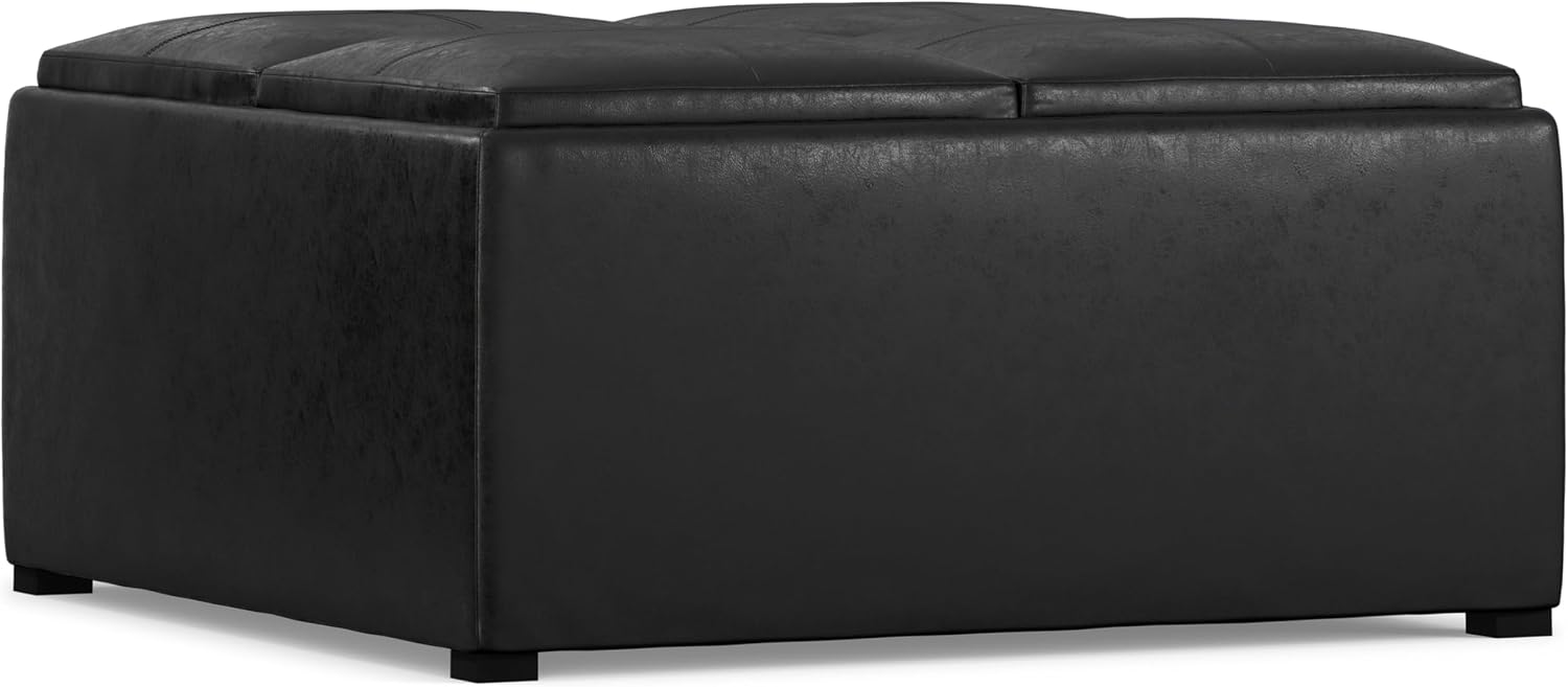SIMPLIHOME Avalon Wide Contemporary Square Coffee Table Storage Ottoman, Distressed Black, Table Ottoman