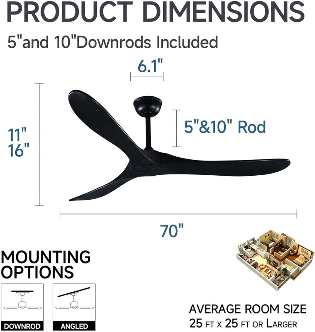 Black Ceiling Fans without Lights, 70'' Modern Solid Wood Ceiling Fan with Remote, Quiet DC Motor, Flush Mount Low Profile Indoor or Covered Patio Ceiling Fan for Bedroom Living Room