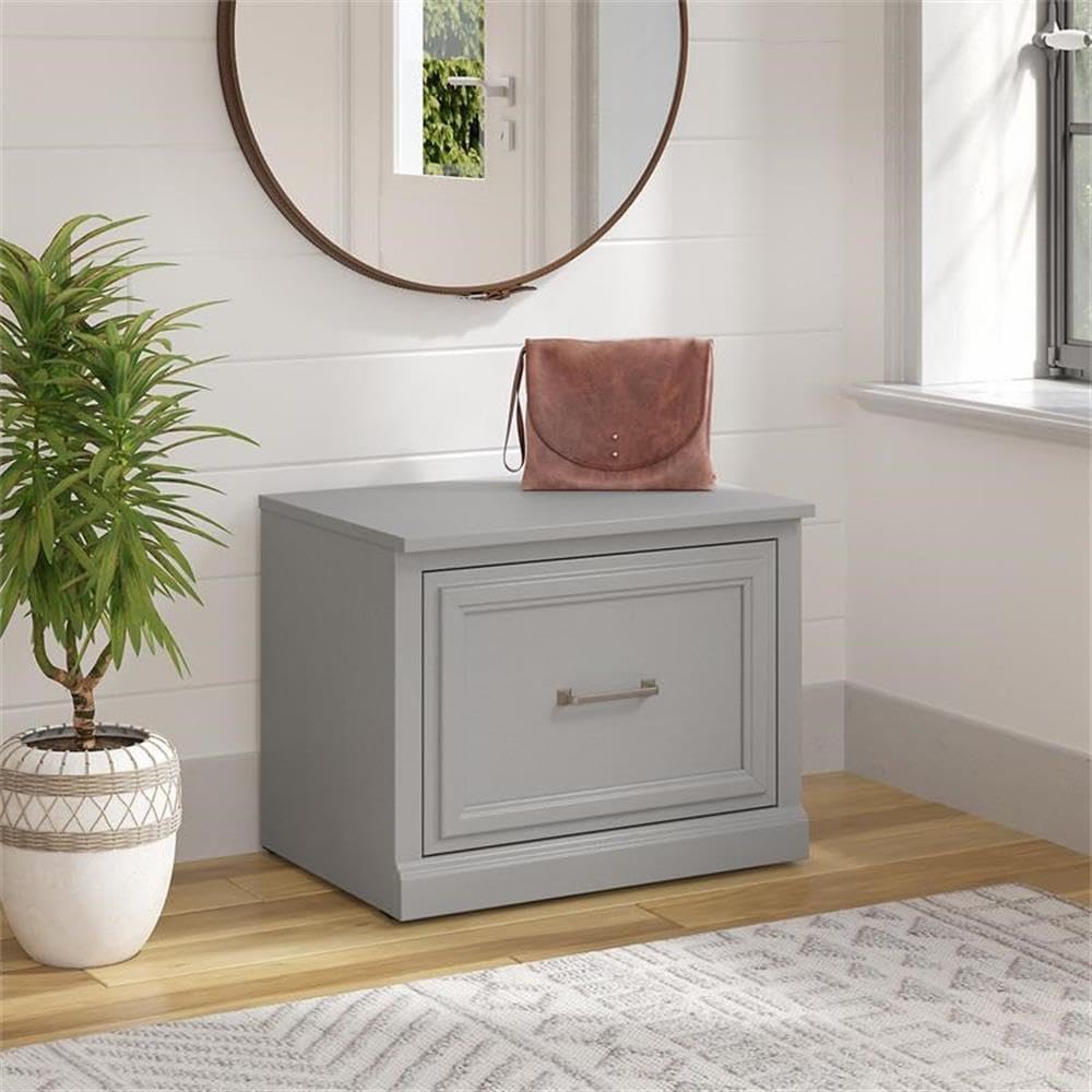 Bush Furniture Woodland 24W Small Shoe Bench with Drawer in Cape Cod Gray | Narrow Footwear Organizer for Home Entryway, Mudroom, and Foyer