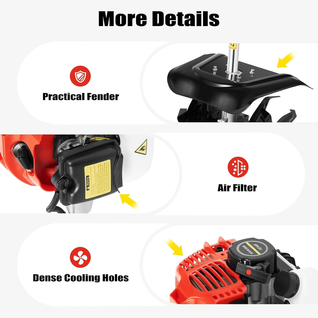 1.45kW Gas-Powered Tiller, 52cc 2-Stroke Handheld Engine Cultivator, 6500RPM Soil Loosener Ground Breaker with 0.29gal Fuel Tank 9.8in Width & 3.5in Depth for Garden Farmland Hillside