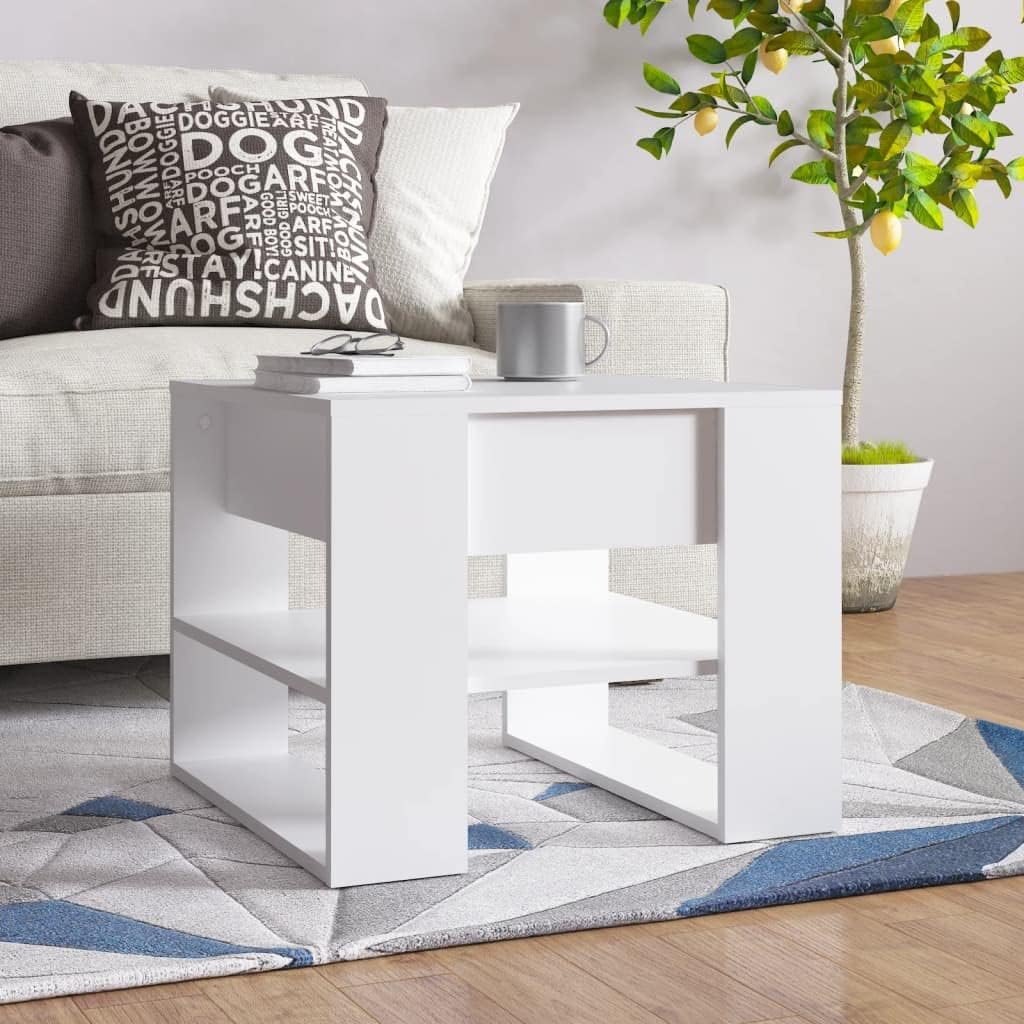 Simple Design Coffee Table with Storage Shelf, Living Room Side End Table for Home, Office, White 21.9'x21.7'x17.7' Engineered Wood,-306